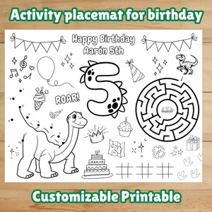 Tovaglietta di Compleanno Personalizzata con Dinosauri per Bambini, Attività Stampabili con Nome ed Età | 3-10 anni | Pagina da Colorare