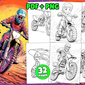 Puede incluir: Un libro para colorear con 32 páginas de pilotos de motocross y motocicletas. La portada muestra una ilustración colorida de un piloto de motocross en una moto de cross, con un fondo naranja y amarillo brillante. El libro incluye archivos PDF y PNG.