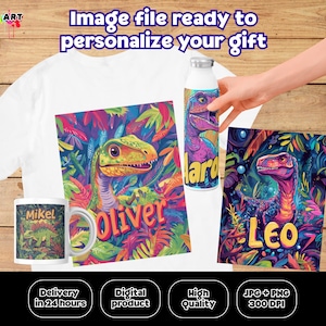 Dinosauro Personalizzato con Nome da Stampare | Design Digitale per Bambini | Regalo Originale di Compleanno | Maglietta, Tazza, Tela