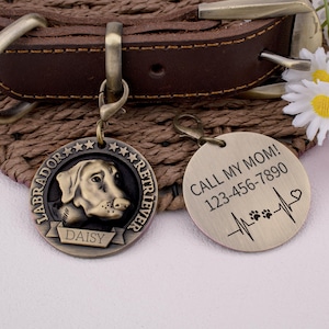 Vintage Round Solid Brass and Stainless Steel, Deep Engraved, Custom Pet ID Tag, Dog Tag,  Large Dog ID Tag, Personalised Pet Tag,Pet Collar