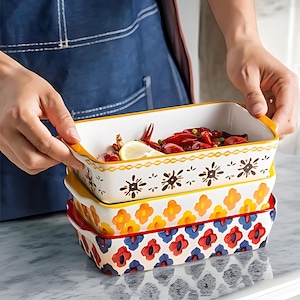Keramik rechteckig oval Backform | Blumen Bräter | Vielseitige Lasagne Pfanne | Ideal für Salat & Käse Auflauf
