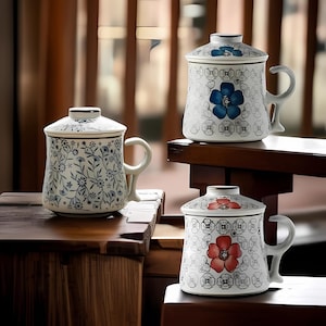 Elegante taza de té de cerámica con tapa y filtro / Vajilla japonesa vintage para uso en la oficina / Idea de regalo única
