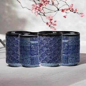 Elegant Blue and Black Japanese Porcelain Coffee Mug | Handle-less Ceramic Tea Cup | Perfect for Christmas Gift