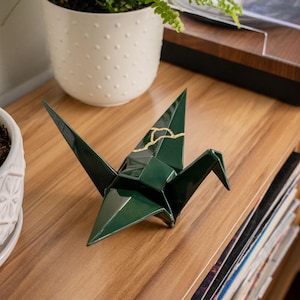 Kintsugi Origami Crane | Handmade Resin Origami Crane | Forest Green