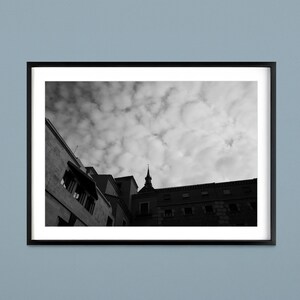 Black and White Spanish Town Photography Print, Cloudy Sky Photography Print, Fine Art Home Decor, Black and White Fine Art Print