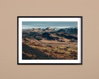 Impresión de paisaje islandés, paisaje montañoso surrealista, impresión fotográfica de cordillera, paisaje de terracota, arte mural con impresión fina