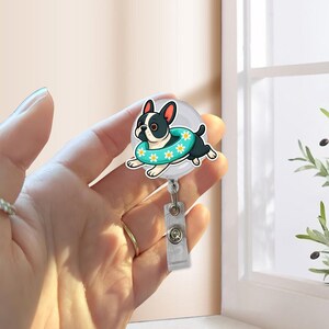 French Bulldog Badge Reel - Cute Summer Floatie Dog ID Holder, Funny Name Badge Clip for Nurses, Vet Techs, Teachers & Frenchie Lovers