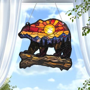 Acchiappasole in vetro finto a forma di orso - Decorazione da finestra a forma di tramonto, montagna, foresta, orso, decorazione rustica per finestre con animali selvatici, regalo per gli amanti della natura