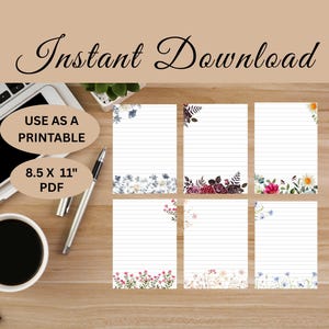 Floral Lined Writing Paper, US Standard Writing Paper, Printable Lined Writing Paper,  White Writing Paper, Floral Writing Paper