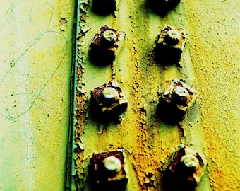 Water Tower : macro photography industrial metal cross process yellow green abandoned paint rust decay decor 8x12 12x18 16x24 20x30 24x36