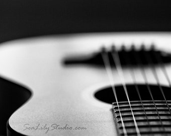 Acoustic Guitar : abstract photo black white macro photography monochrome surreal home decor musical instrument 8x12 12x18 16x24 20x30 24x36