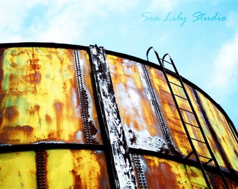 Water Tower : rust abandoned water tower distressed metal ladder cross process blue yellow gold home decor 8x10 11x14 16x20 20x24 24x30