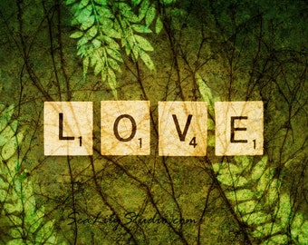 LOVE : abstract photography valentine pop art scrabble surreal woodland earth forest fern green home decor 8x10 11x14 16x20 20x24 24x30