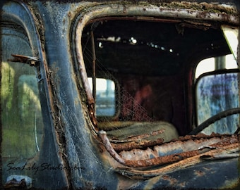 Cracked Rearview : old truck photography relic abandoned truck photo vintage ford rust blue teal home decor 8x10 11x14 16x20 20x24 24x30