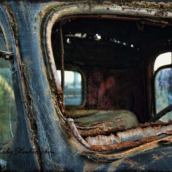 Cracked Rearview : old truck photography relic abandoned truck photo vintage ford rust blue teal home decor 8x10 11x14 16x20 20x24 24x30