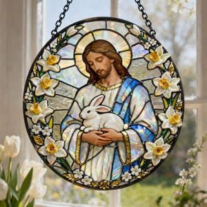 Religious Easter Jesus Stained Glass Suncatcher, Religious Gift, Easter Faith Cross, Christian Glass Window Hanging, Religious Faith Gift