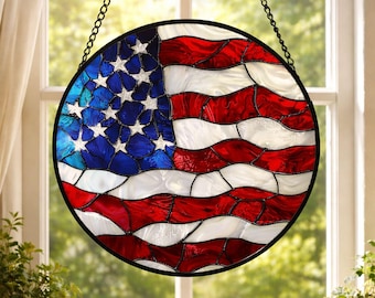 White Red National USA Flag Window Stained Glass, Garden Suncatchers, Window Hanging Patriotic Home Decoration Gift