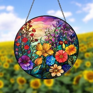 Puede incluir: Un panel redondo de vidriera con un diseño floral colorido. La obra de arte presenta una variedad de flores en tonos rojos, amarillos, naranjas, azules y morados, sobre un fondo de cielo al atardecer. El panel está suspendido por una cadena.