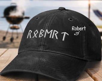 Custom Name In Viking Runes Warrior Camping Hiking, Personalized Vintage Washed Denim Cap, Custom Norse Mythology Gifts
