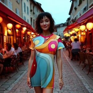 Prism Flow Cyberpunk T-Shirt Dress Y2K Futuristic Art Outfit, Festival Streetwear Mini Dress