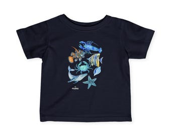 Blue Ocean Animals Infant Jersey Tee, Beach Themed Baby Shirt, Cute Sea Creature Tee, Gift for New Parents, Summer Baby Outfit, Sea Life