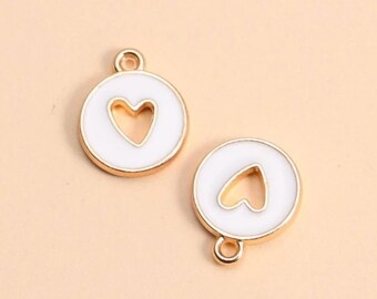 Gold White Heart Cutout Charm – Enamel Round Pendant for Jewelry Making