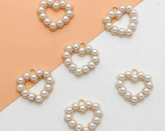 Pearl Heart Charm - Gold Edge Beaded Pendant (Set of 2)