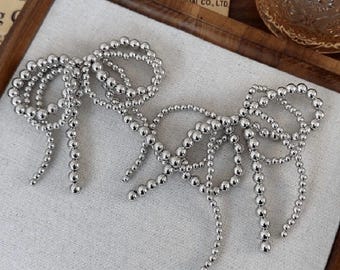 Silver Beaded Bow Shoe Charms - Elegant Statement Shoe Accessories (Set of 2)