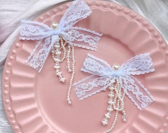 Lace & Pearl Bow Shoe Charms - Bridal Shoe Accessories - Romantic Vintage-Inspired Pair (Set of 2)
