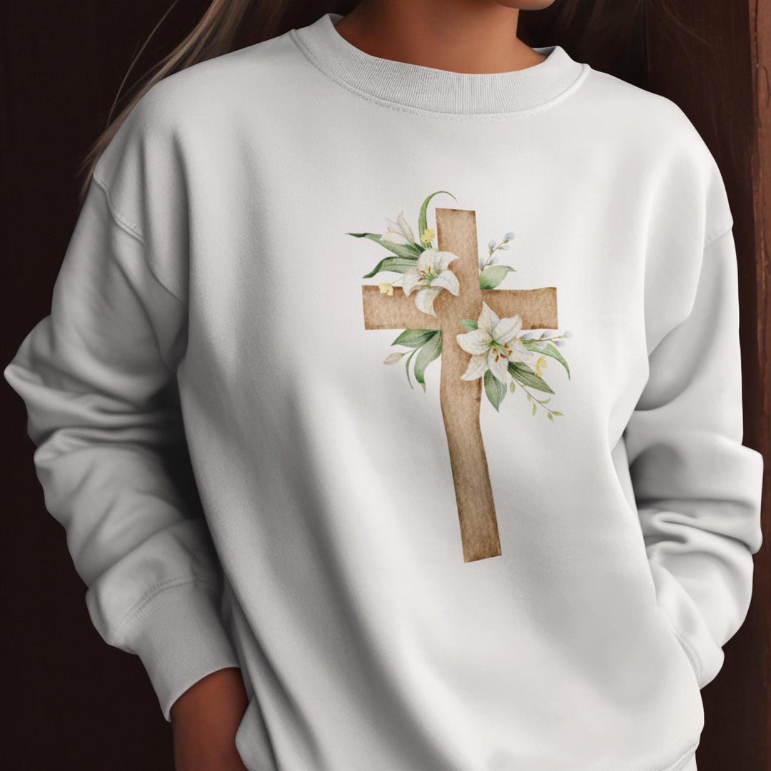 Jesus Christ Faith Cross Sweater, Cotton Polyester Flower Crewneck ...