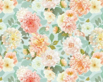 Tela de algodón con estampado floral de peonías brillantes. Se vende por media yarda.