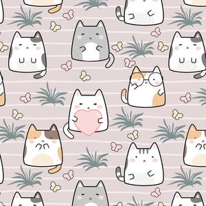 Schattige kat met hartpatroon katten Cartoon kawaii kattenpatroon katoenen stof Verkocht op halve meter