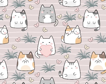 Cute Cat With Heart Pattern Cats Cartoon Kawaii Cats Pattern Cotton Fabric Sold By Half Yard