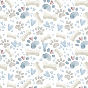 May include: A repeating pattern featuring watercolour dog paw prints, bones, hearts, and rounded shapes in beige, blue, and pink on a white background. Ideal for pet-themed products.