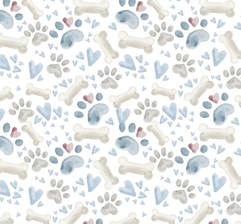 May include: A repeating pattern featuring watercolour dog paw prints, bones, hearts, and rounded shapes in beige, blue, and pink on a white background. Ideal for pet-themed products.
