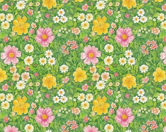 Tela de algodón puro con estampado floral brillante de primavera - Tela de algodón con estampado de flores silvestres - Se vende por media yarda