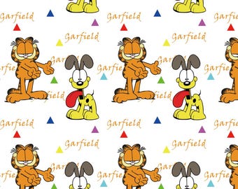 May include: A repeating pattern featuring the cartoon characters Garfield and Odie on a white background. Garfield is orange, and Odie is yellow with a long red tongue. The word "Garfield" is written in a gold script font, with colorful triangles scattered throughout.