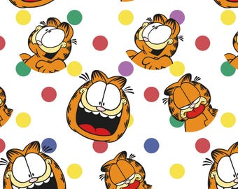 May include: A repeating pattern featuring the cartoon character Garfield in various poses. The orange cat is set against a white background with colorful polka dots in red, yellow, purple, green, and blue.