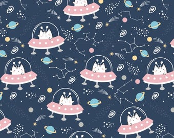 Astronaut Kitten Pattern Cats Cartoon Kawaii Cats Pattern Cotton Fabric Sold By Half Yard