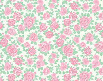Pink And Mint Flower Pattern Pure Cotton Fabric Cotton Fabric Sold By Half Yard