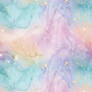 Pode incluir: Fundo abstrato de aquarela com um arco-íris de cores, incluindo rosa, roxo, azul e verde. O fundo é coberto com glitter dourado.