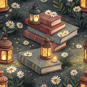 Cozy Night Seamless Fabric, Daisy Book Lantern Material  -Handmade DIY Fabric - Suitable for Sewing