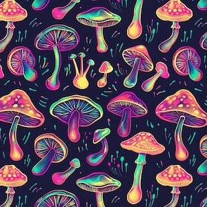 May include: A colourful, psychedelic pattern featuring mushrooms in shades of pink, yellow, blue, and green against a dark navy background. The design includes various mushroom shapes and sizes, with detailed textures and highlights.
