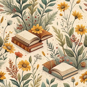 May include: A seamless pattern featuring open and closed books interspersed with yellow daisies, green foliage, and small red berries on a speckled cream background. The illustration depicts botanical elements and literature in a repeating design.