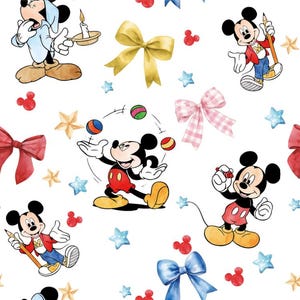 Cute Playful Mickey With Bow Pattern Cartoon Disney Style Cotton Fabric Sold By Half Yard