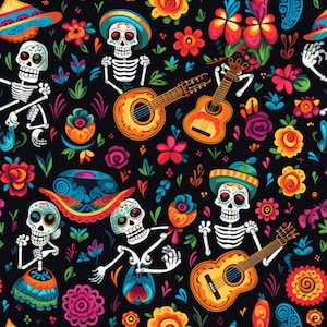 Pode incluir: Um padrão contínuo sobre fundo preto apresentando esqueletos brancos com marcas faciais coloridas, usando chapéus e tocando violões acústicos. O design é preenchido com flores, folhas e formas decorativas vibrantes e multicoloridas.