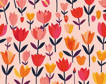 Watercolor Pink Tulip Pattern Cotton Fabric Floral Tulip Pattern Cotton Fabric Sold By Half Yard