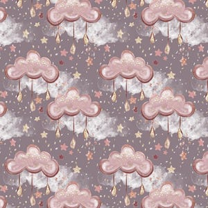 May include: A repeating pattern featuring pink clouds with gold glitter rain and stars on a muted purple background. White fluffy clouds and scattered pink and gold stars complete the whimsical design.