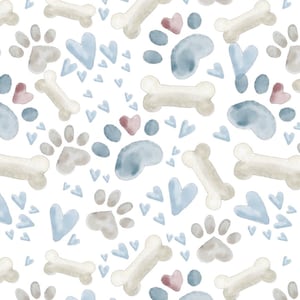 May include: A repeating pattern of dog bones, paw prints, hearts, and dots in watercolour shades of beige, blue, and pink on a white backdrop. The design is repeated across the surface.