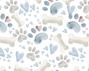 Watercolor Dog Paw Prints and Bones Pure Cotton Fabric - Soft Children's Fabric - Handmade DIY Fabric - Suitable for Sewing